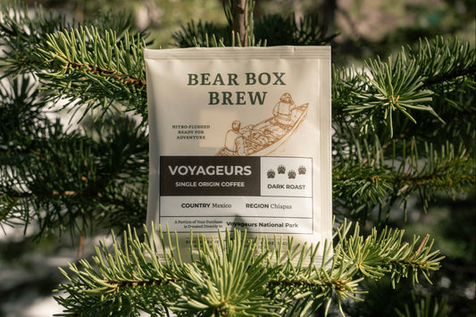 Bear Box Brew coffee package on a branch with a blurred natural background